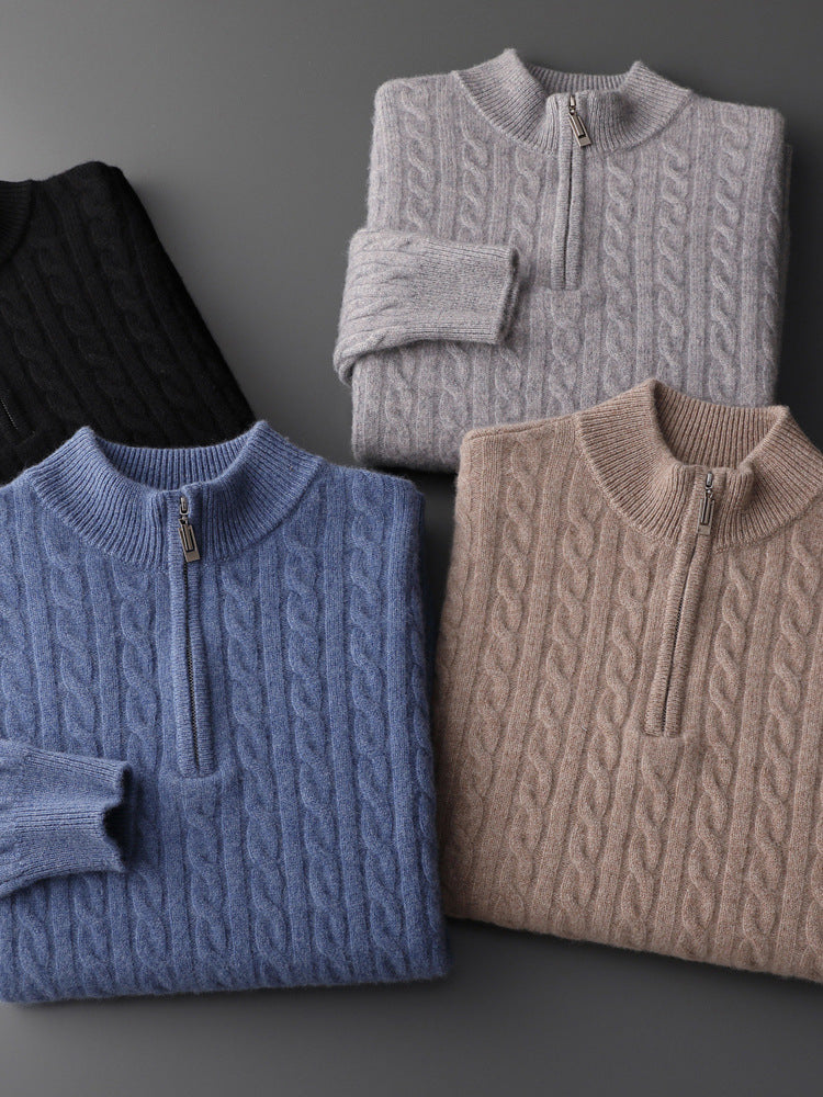 Men’s Pure Wool Half-High Collar Sweater – Thickened Loose-Fit Pullover