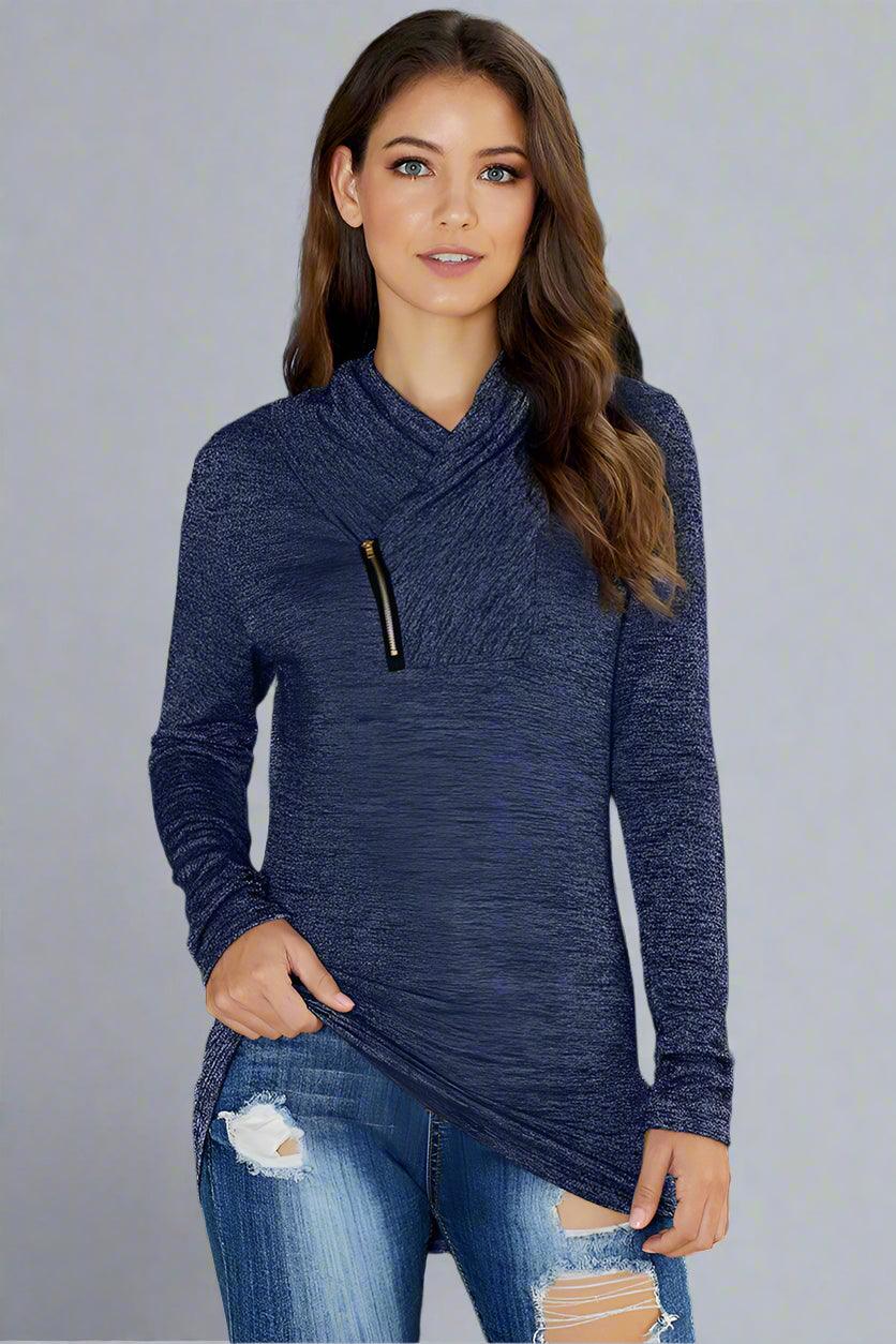 Asymmetrical Zip-Up Cowl Neck Sweater – Chic & Cozy
