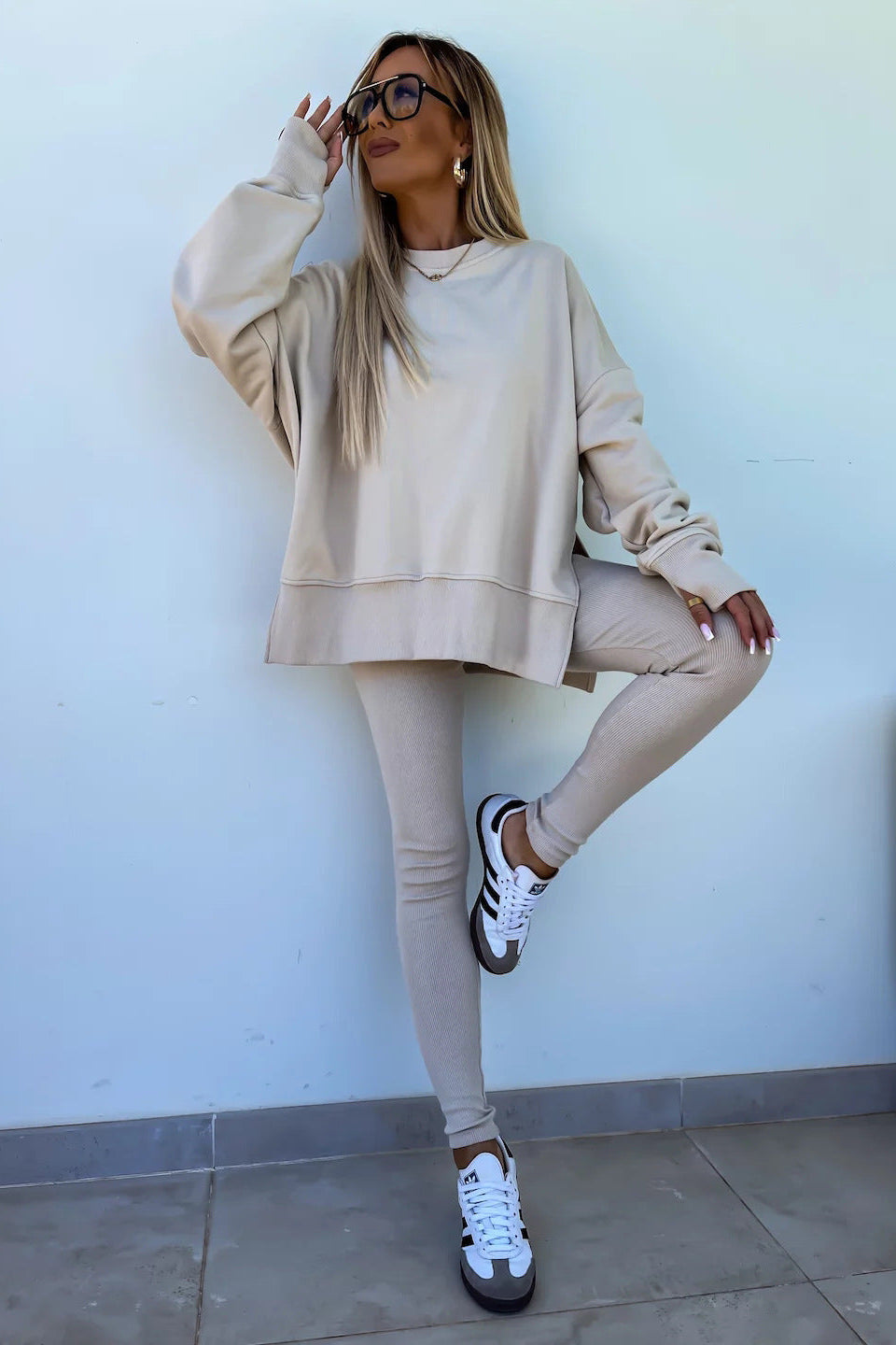 Two-Piece Lounge Set – Crew Neck Split Sweatshirt & Slim Fit Trousers