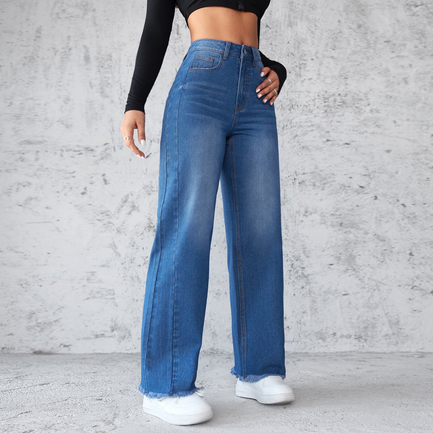 High Waist Wide-Leg Denim Jeans for Women – Straight Fit, Frayed Hem, Casual Non-Stretch Style