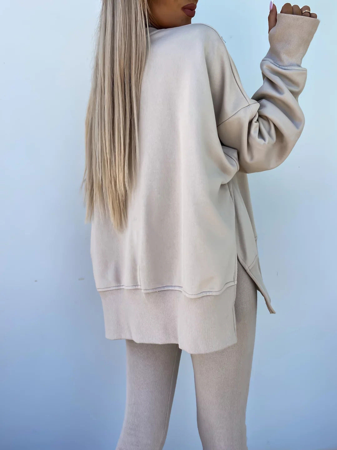 Two-Piece Lounge Set – Crew Neck Split Sweatshirt & Slim Fit Trousers