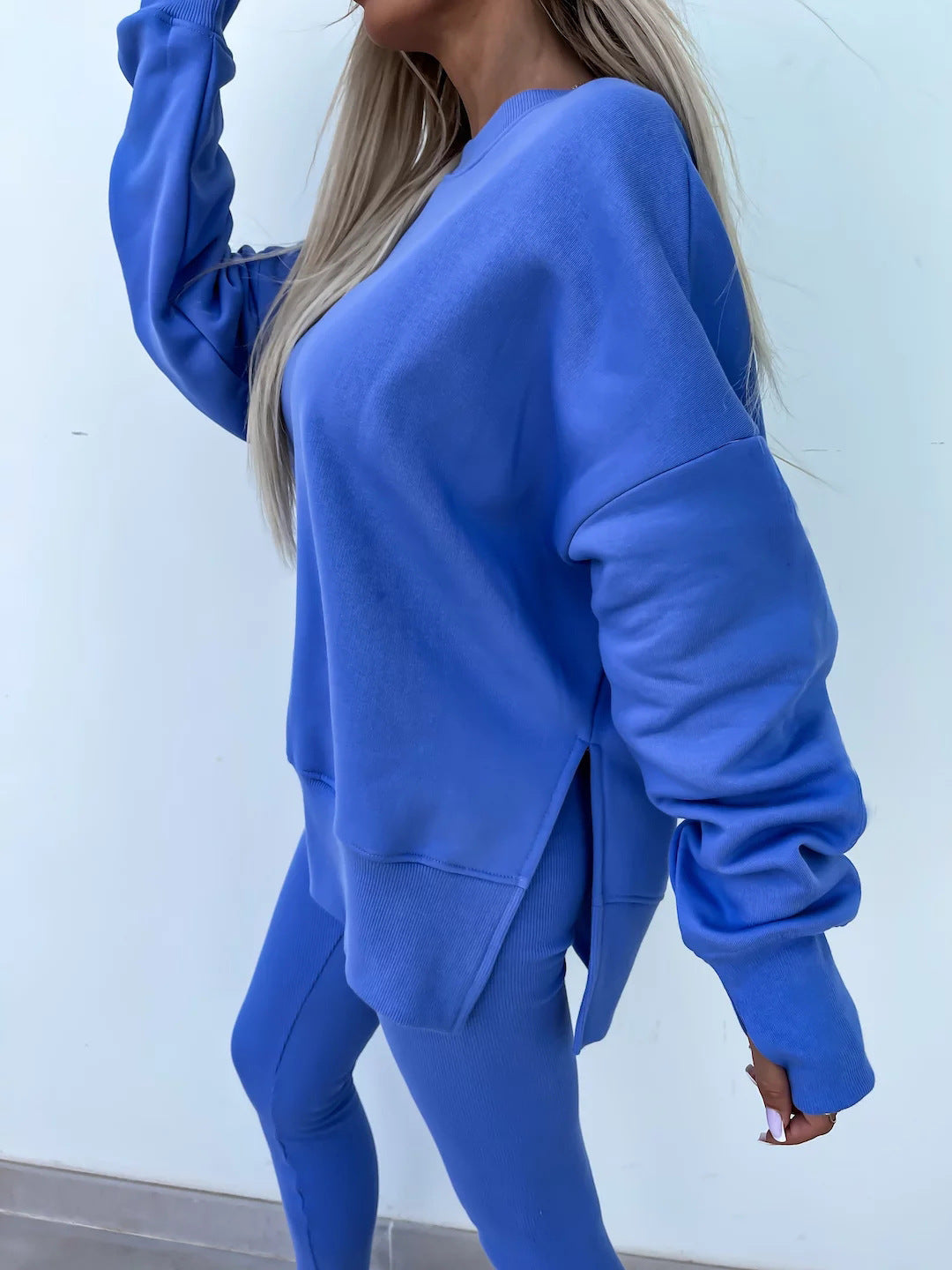 Two-Piece Lounge Set – Crew Neck Split Sweatshirt & Slim Fit Trousers