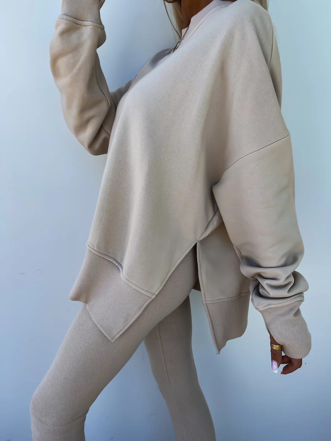 Two-Piece Lounge Set – Crew Neck Split Sweatshirt & Slim Fit Trousers