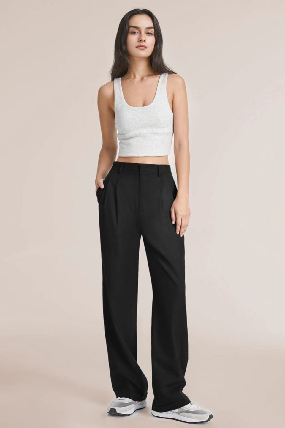 Women’s High Waist Wide-Leg Trousers with Pockets – Elegant Straight-Cut Casual Pants