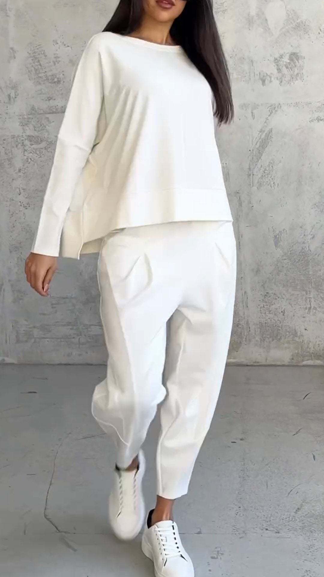 Women’s 2-Piece Lounge Set – Long Sleeve Irregular Top & Harem Pants | Casual Loose Fit Outfit with Pockets
