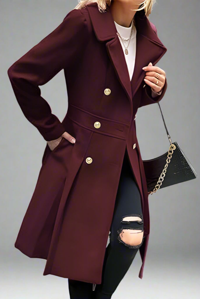 Women’s Double-Breasted A-Line Pea Coat with Lapel and Pockets