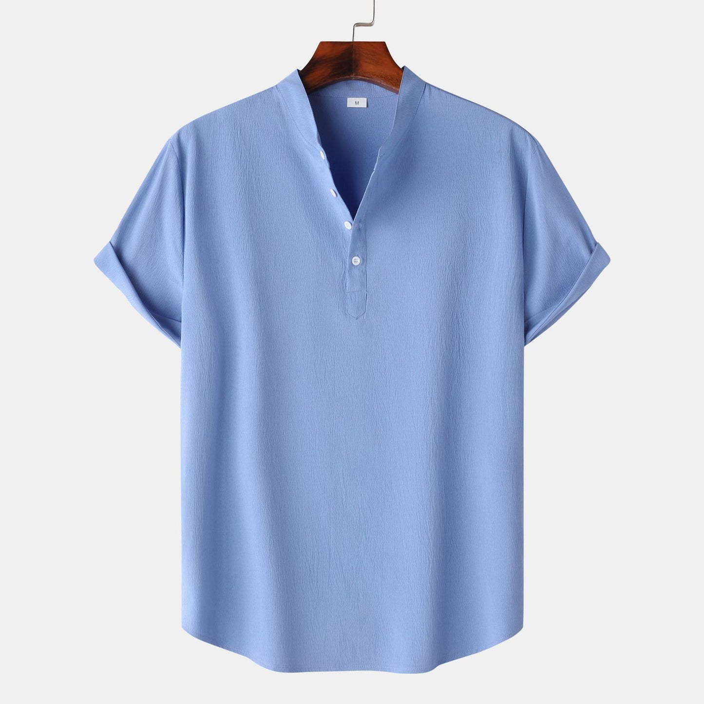 Men’s Linen Short Sleeve Shirt – Stand Collar Solid Color Pullover