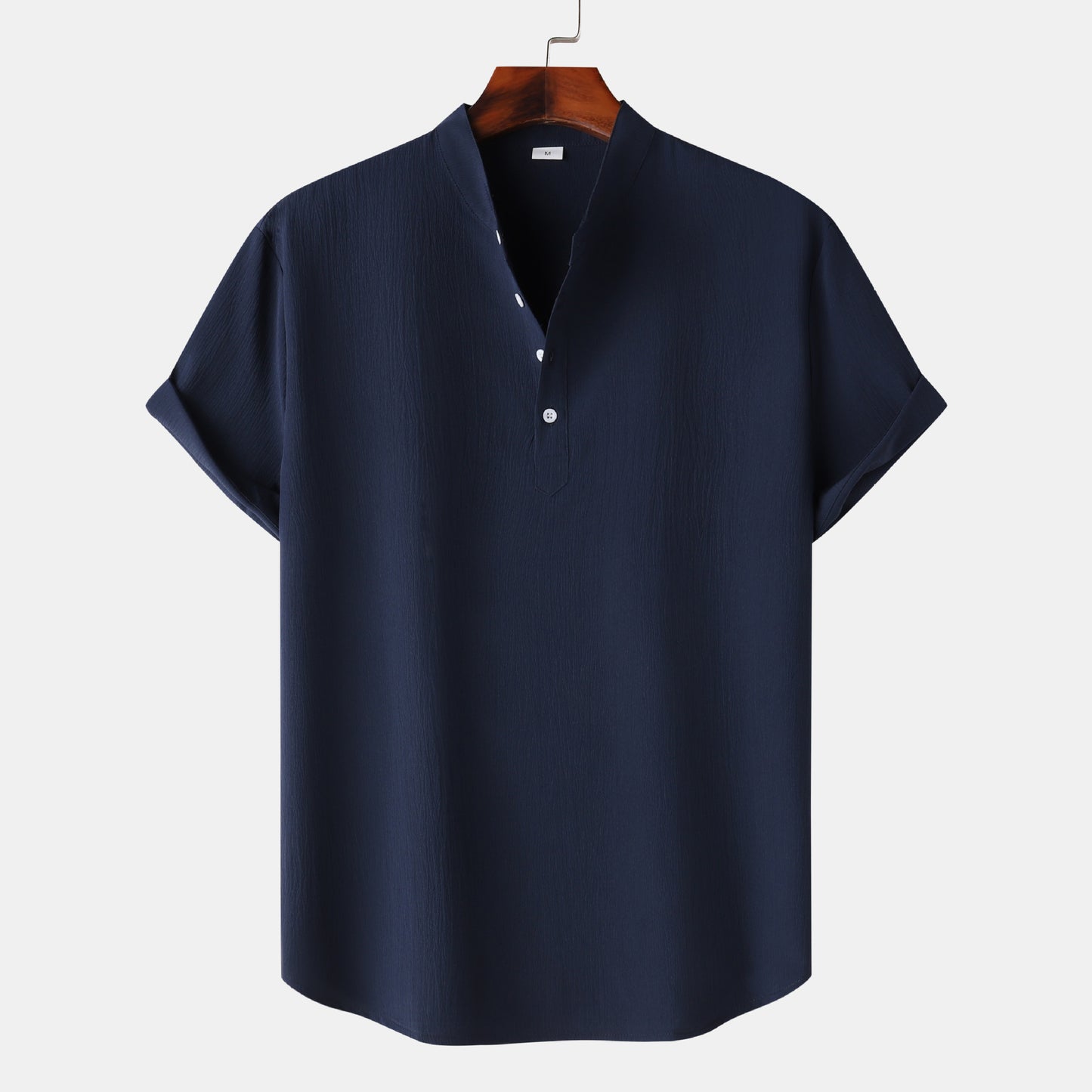 Men’s Linen Short Sleeve Shirt – Stand Collar Solid Color Pullover