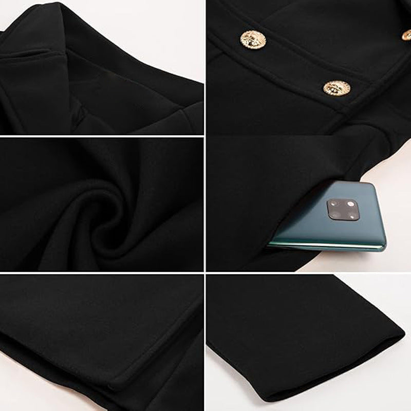 Women’s Double-Breasted A-Line Pea Coat with Lapel and Pockets