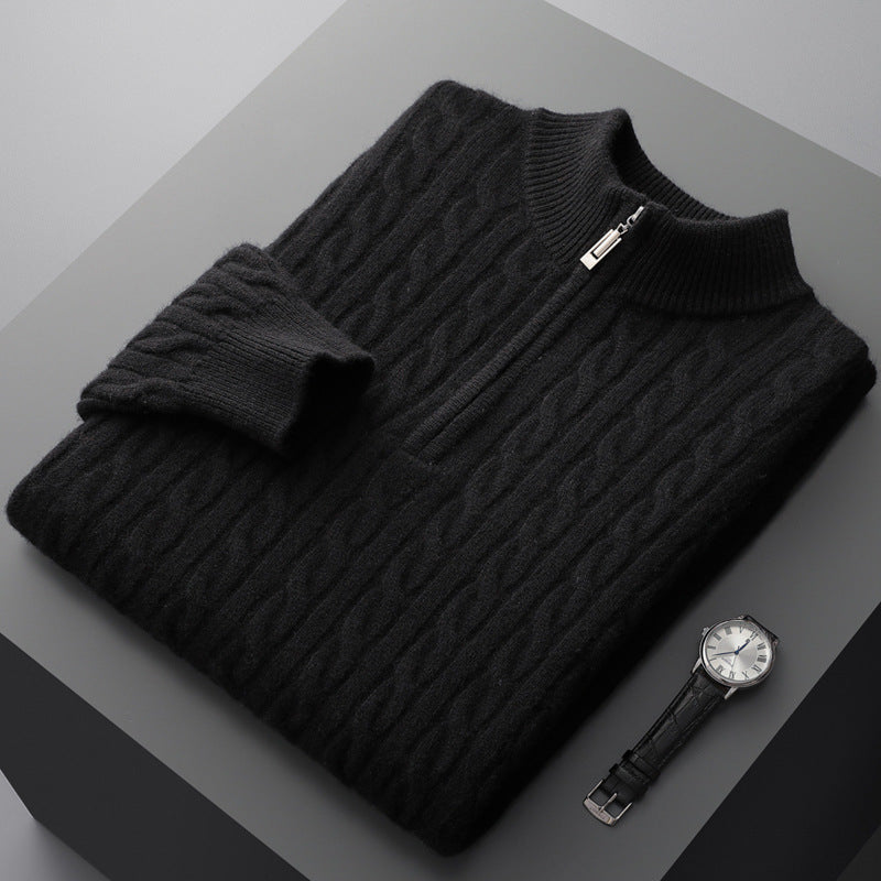 Men’s Pure Wool Half-High Collar Sweater – Thickened Loose-Fit Pullover