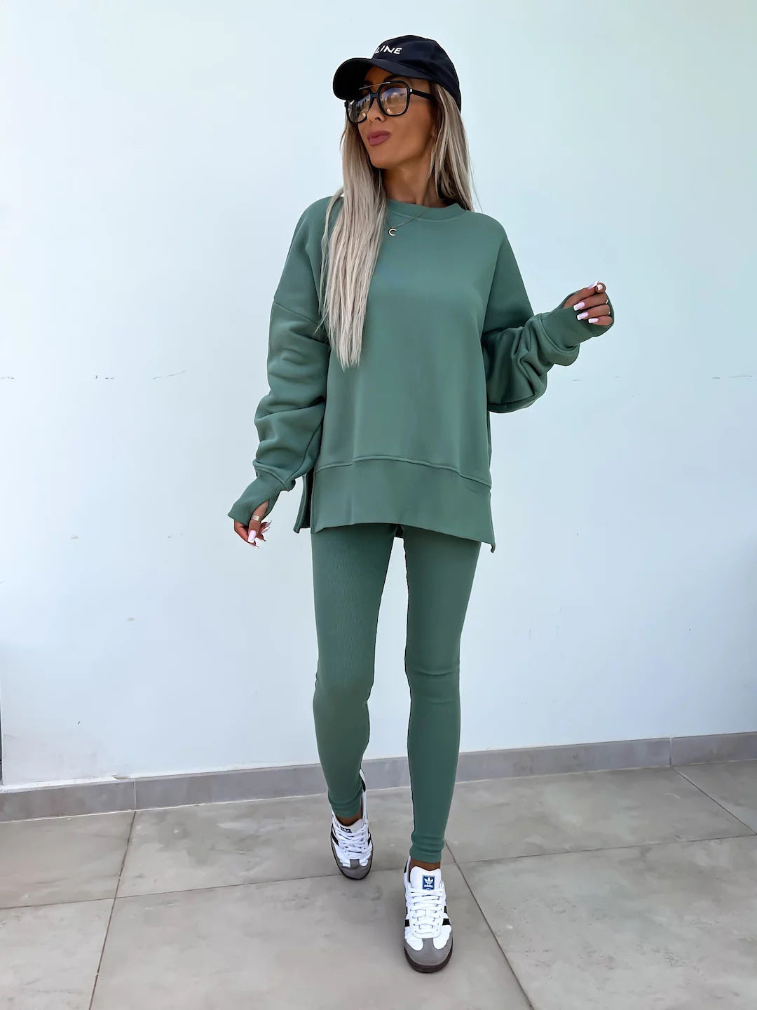 Two-Piece Lounge Set – Crew Neck Split Sweatshirt & Slim Fit Trousers