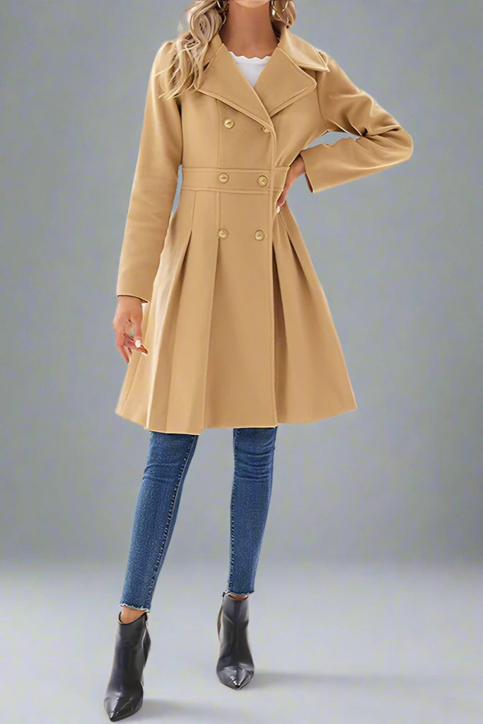 Women’s Double-Breasted A-Line Pea Coat with Lapel and Pockets