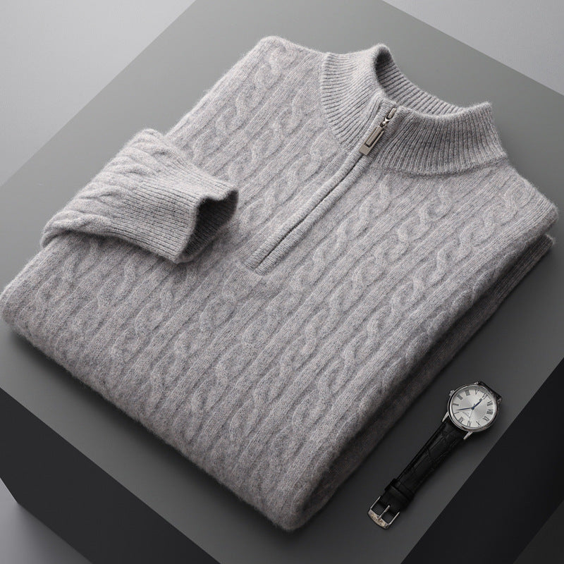Men’s Pure Wool Half-High Collar Sweater – Thickened Loose-Fit Pullover