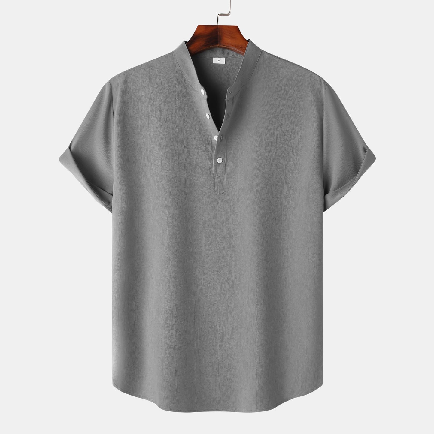 Men’s Linen Short Sleeve Shirt – Stand Collar Solid Color Pullover