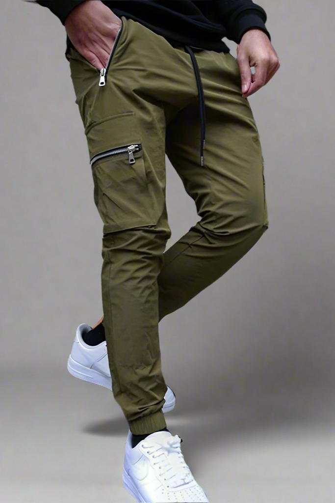 Men’s Multi-Pocket Zipper Cargo Pants – Belted Tapered Overalls