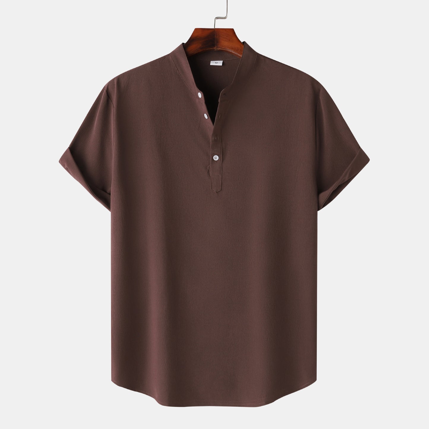 Men’s Linen Short Sleeve Shirt – Stand Collar Solid Color Pullover