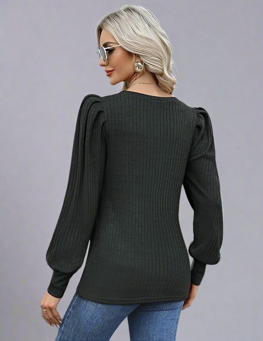 Women’s Puff Sleeve Ribbed T-Shirt – Slim Fit Round Neck Pleated Top