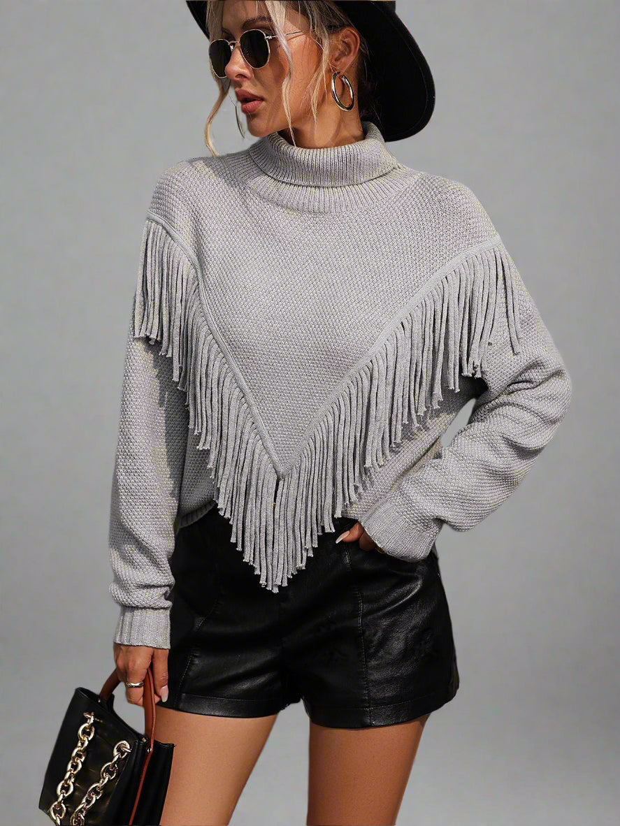 Women’s Loose-Fit Turtleneck Knit Sweater with Tassel Detailing