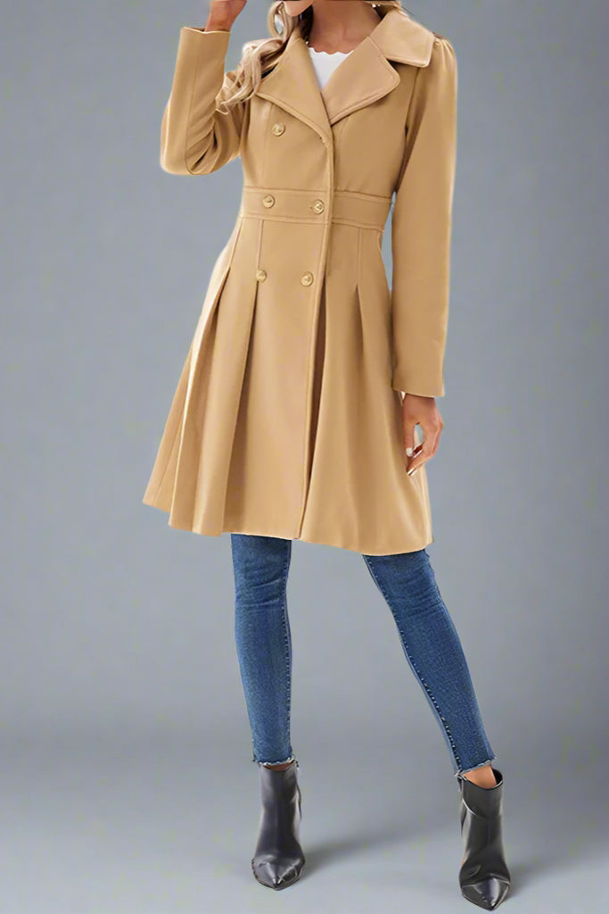 Women’s Double-Breasted A-Line Pea Coat with Lapel and Pockets
