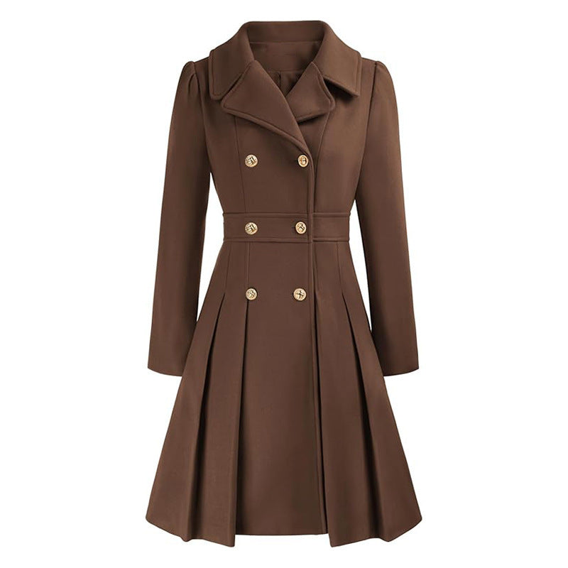 Women’s Double-Breasted A-Line Pea Coat with Lapel and Pockets