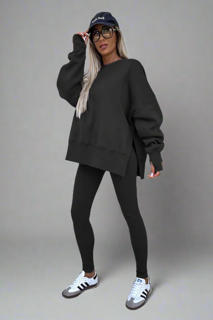 Two-Piece Lounge Set – Crew Neck Split Sweatshirt & Slim Fit Trousers