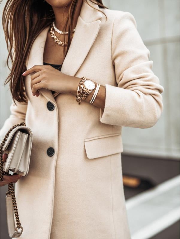 Long Sleeve Buttoned Woolen Coat – Elegant Mid-Weight Outerwear