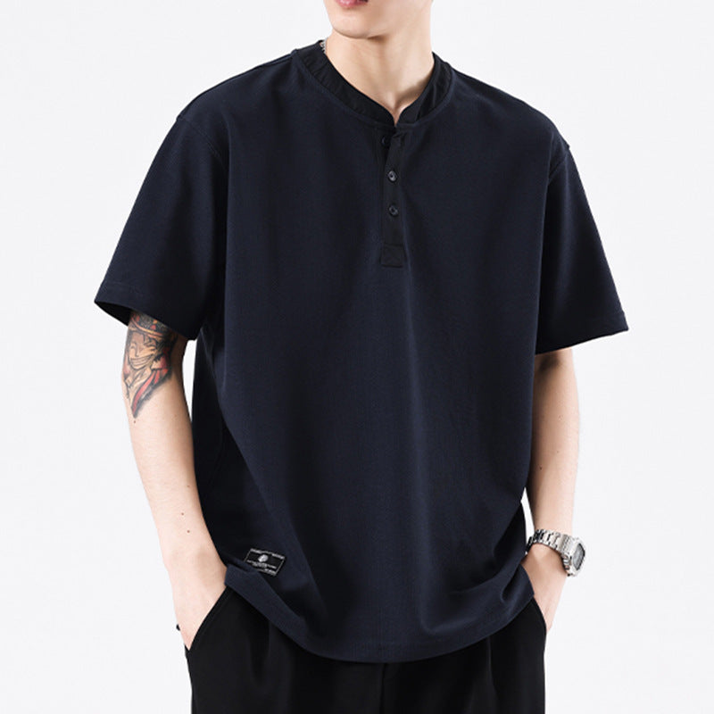 Men’s Summer Henley T-Shirt – Simple Solid Color Short Sleeve