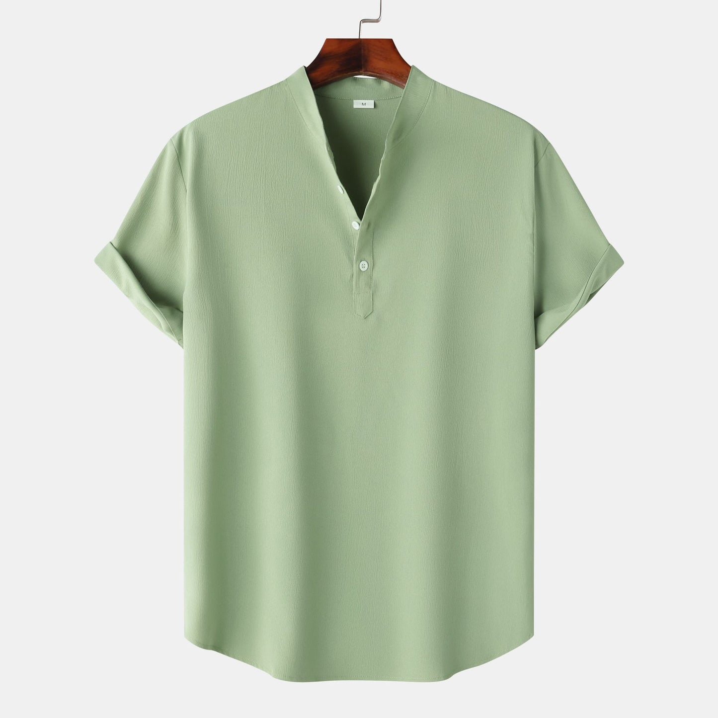 Men’s Linen Short Sleeve Shirt – Stand Collar Solid Color Pullover