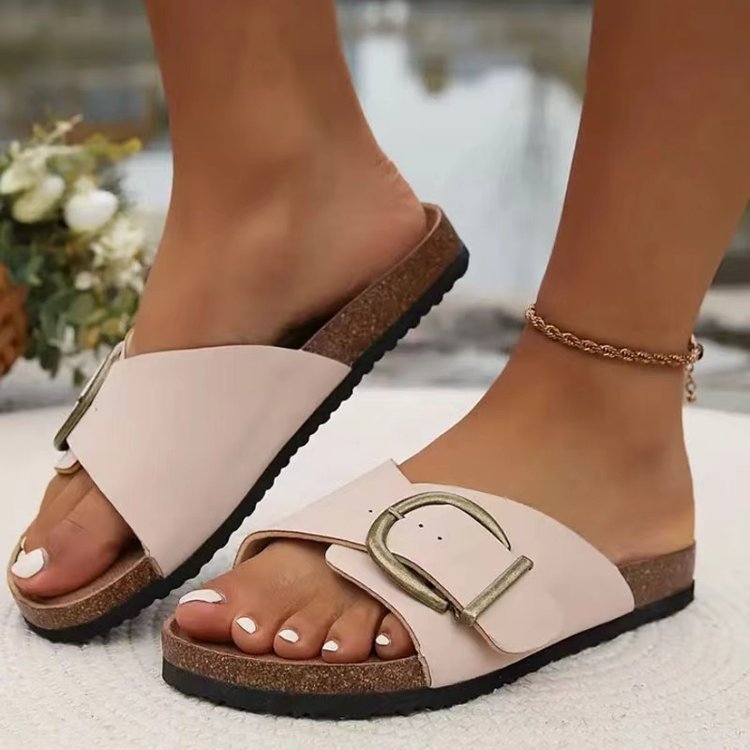 Women’s Buckle Strap Slide Sandals – Comfort Platform Slippers with PU Upper