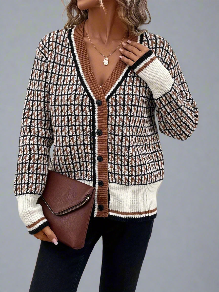 Elegant Houndstooth V-Neck Knitted Cardigan for Women