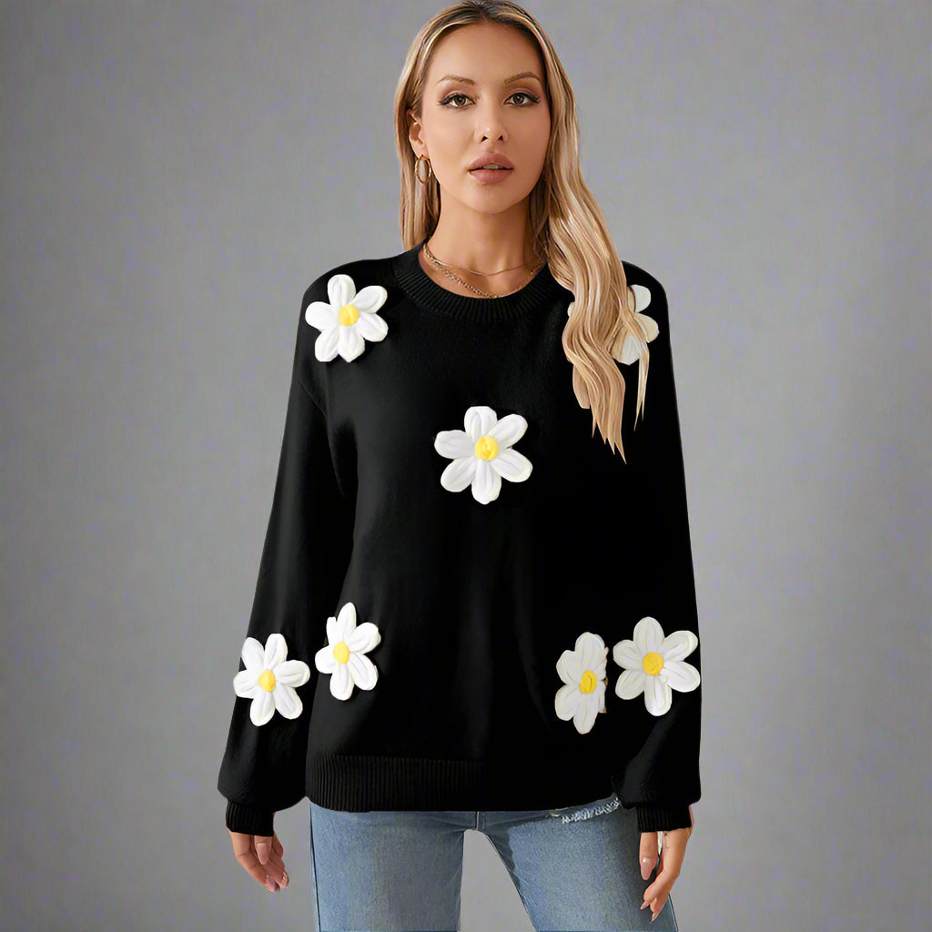 Women’s Floral Contrast Knit Round Neck Pullover Sweater