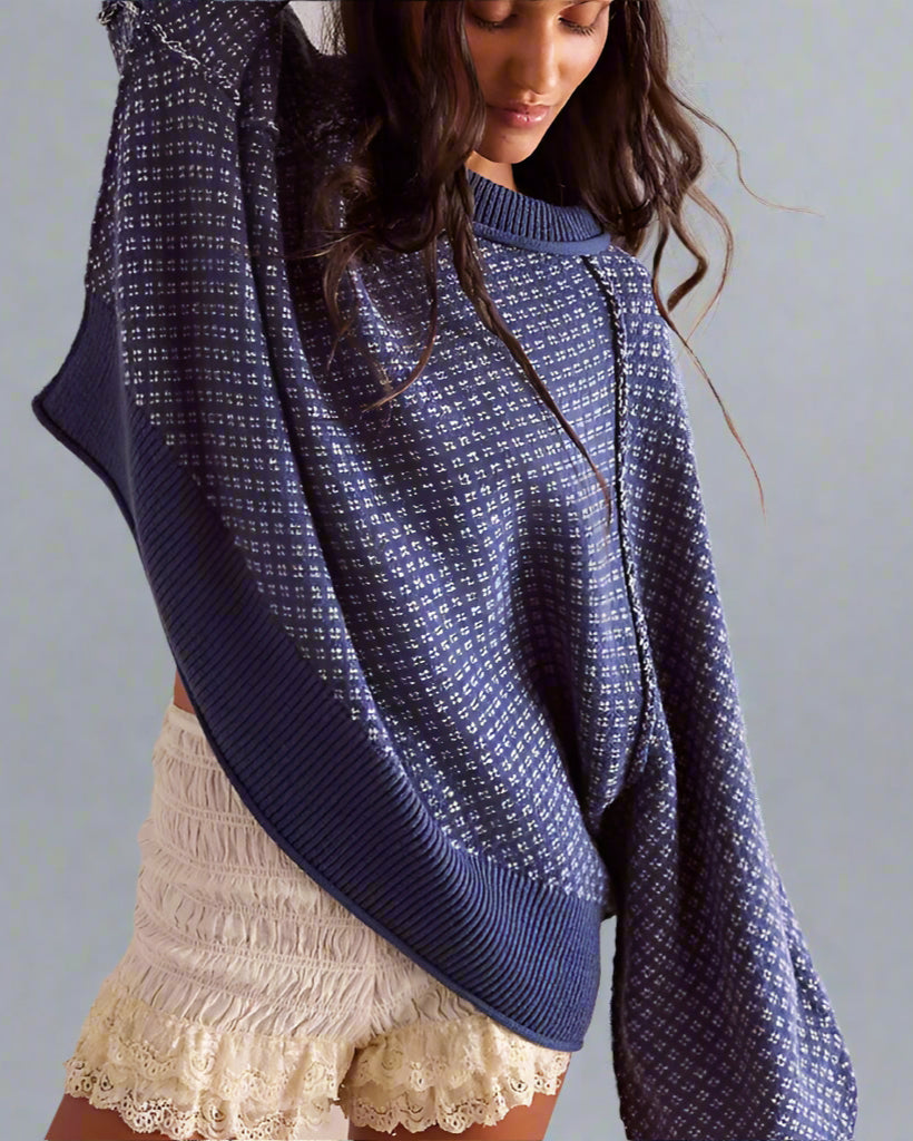 Women’s Jacquard Knit Sweater – Loose Fit Round Neck Pullover for Autumn & Winter
