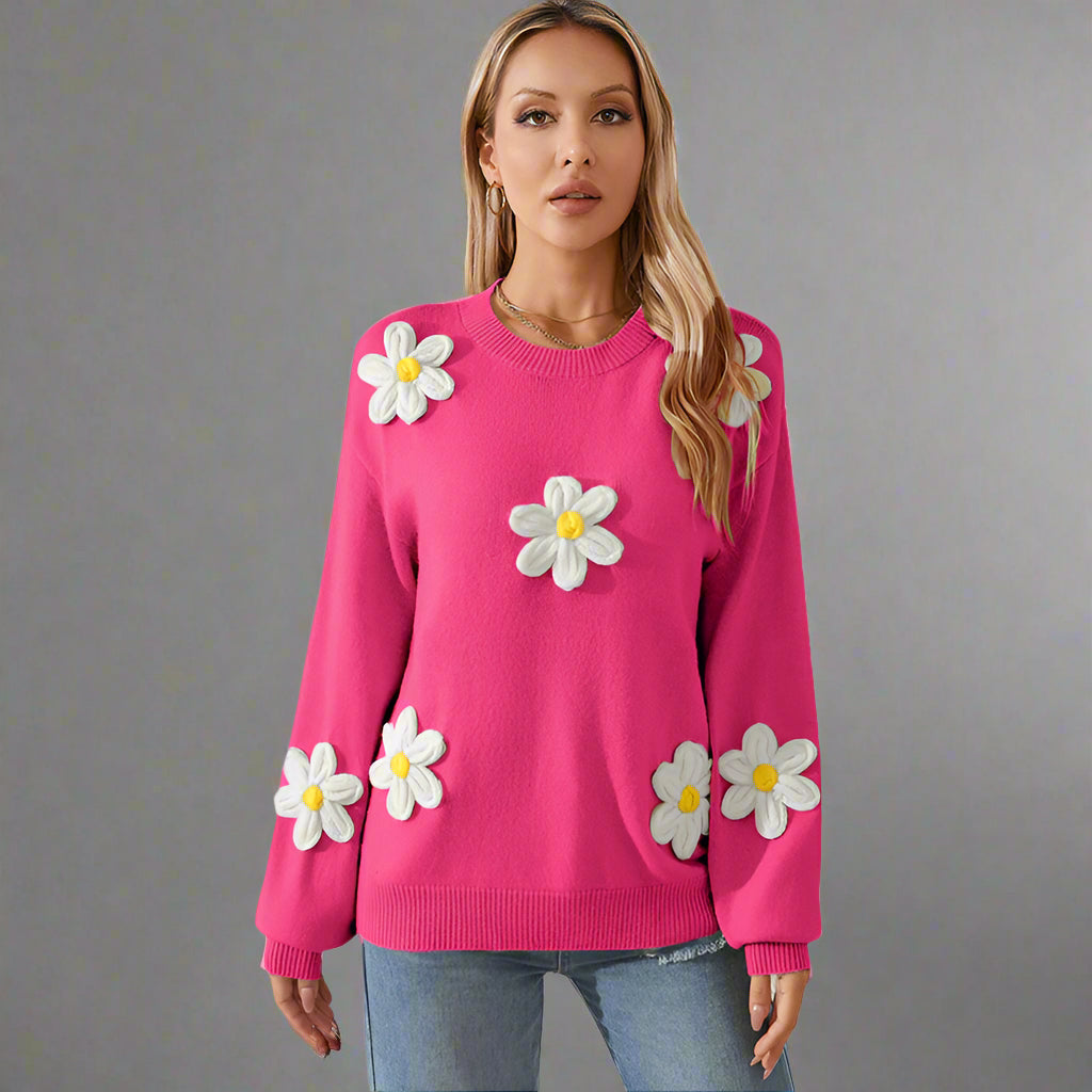 Women’s Floral Contrast Knit Round Neck Pullover Sweater