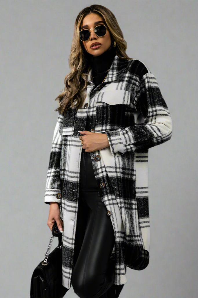 Plaid Wool-Blend Button-Up Coat – Cozy Casual Outerwear