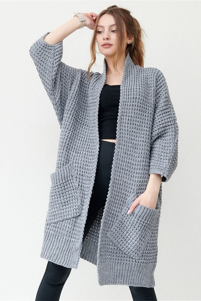 Women’s Open Front Knitted Cardigan with Pockets – Casual Loose Fit Sweater Coat