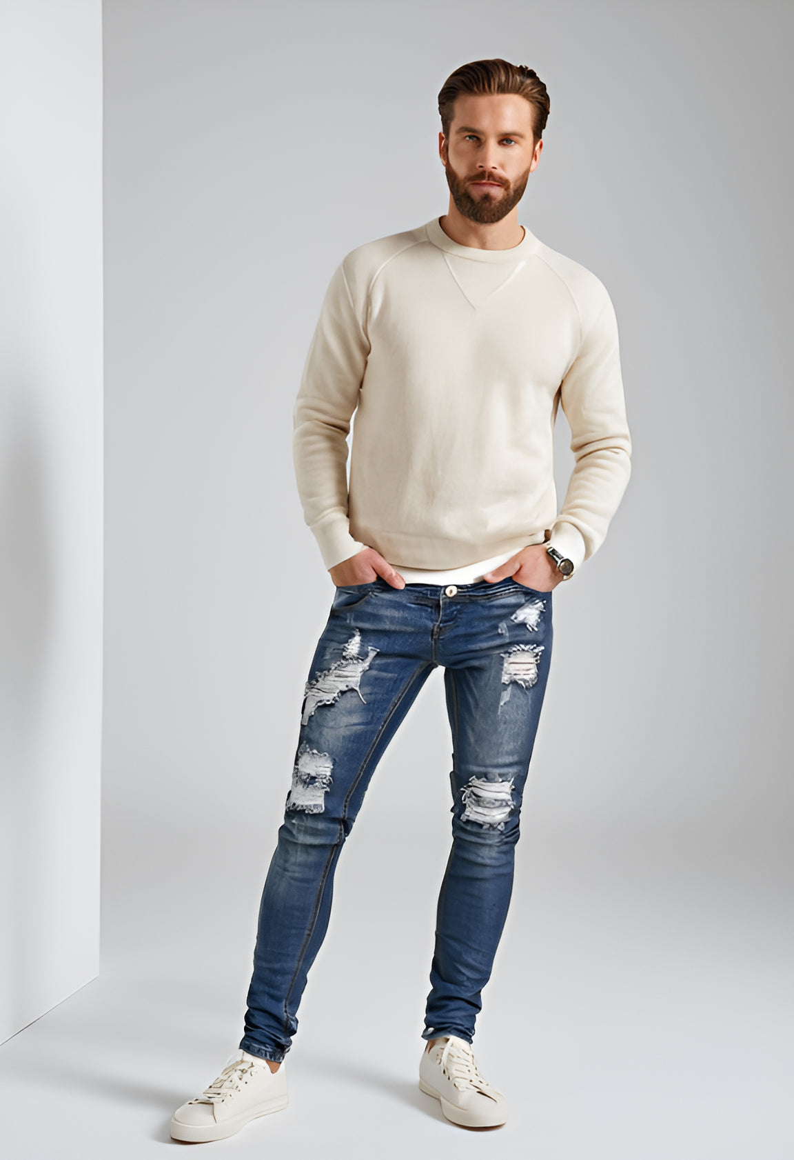 Men’s Distressed Skinny Jeans – Washed & Frayed Street Style