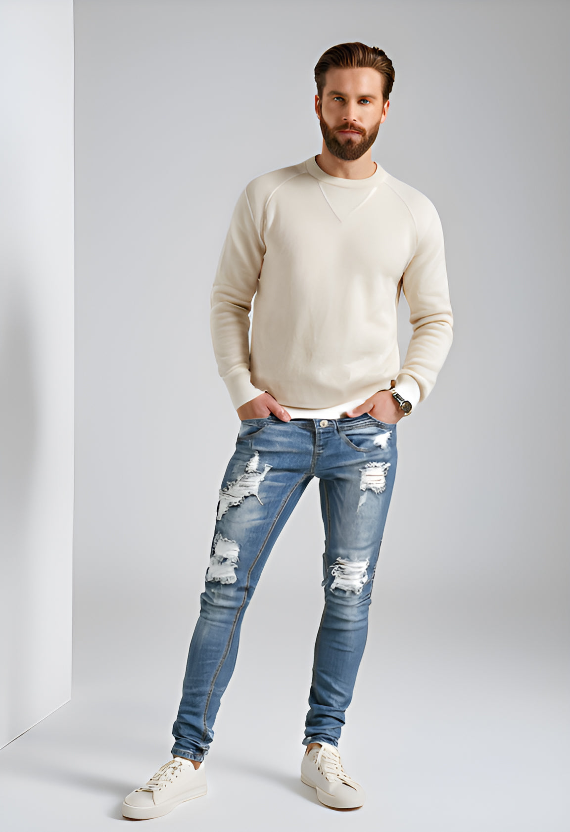 Men’s Distressed Skinny Jeans – Washed & Frayed Street Style