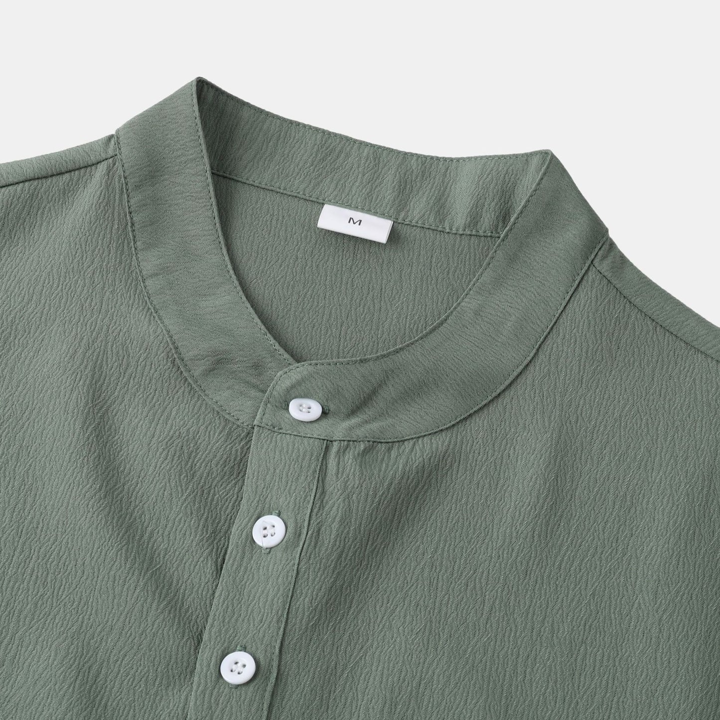 Men’s Linen Short Sleeve Shirt – Stand Collar Solid Color Pullover