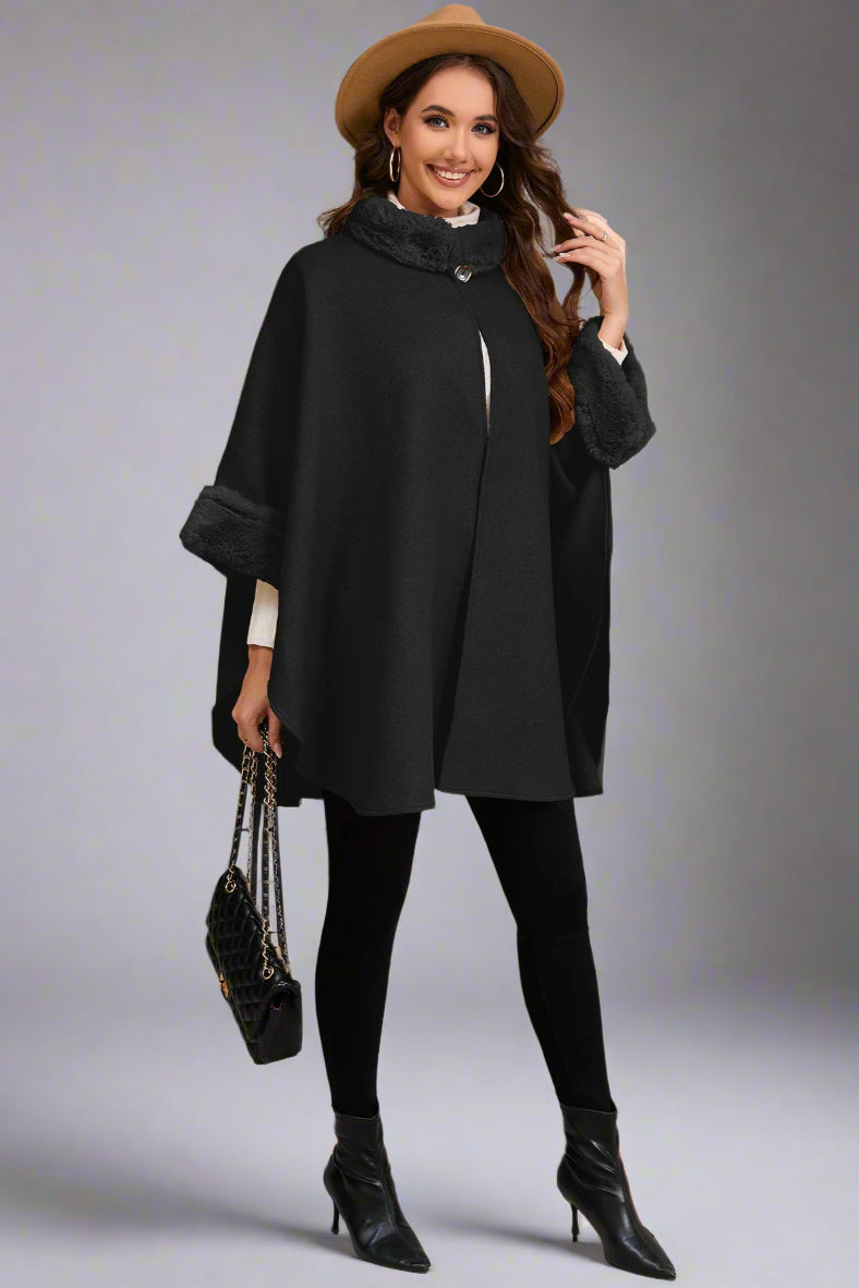 Elegant Faux Fur Collar Cape – Mid-Length Outerwear for Women