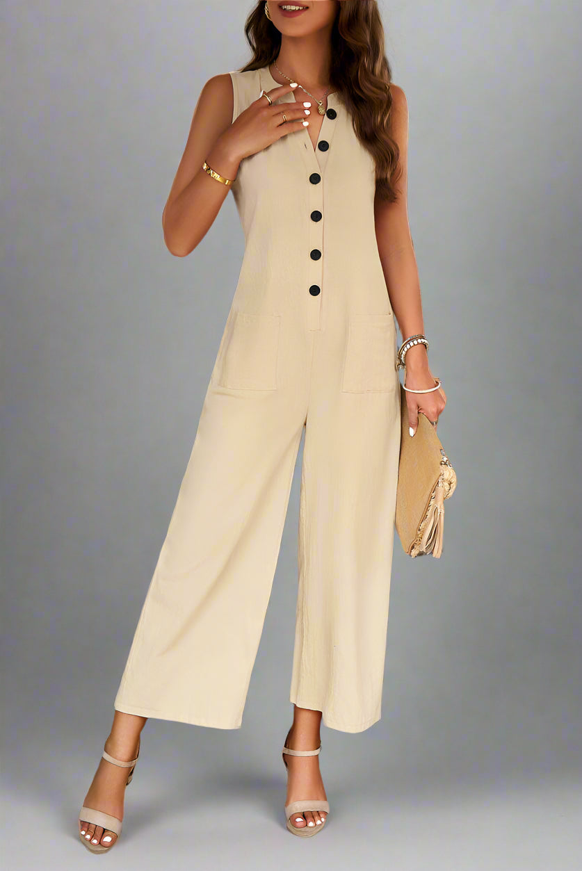 Women’s Sleeveless Cotton-Linen Jumpsuit with Buttons – Casual Wide-Leg One-Piece