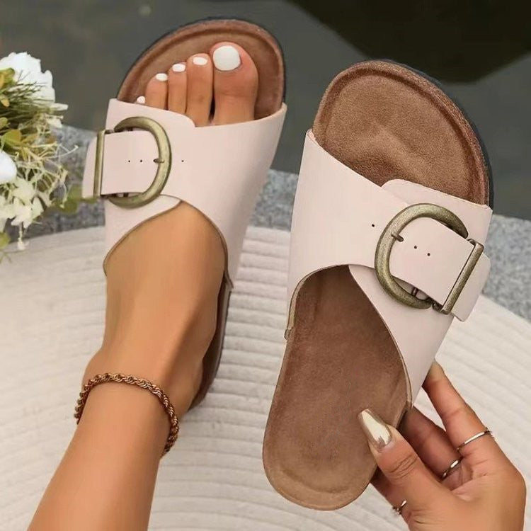 Women’s Buckle Strap Slide Sandals – Comfort Platform Slippers with PU Upper