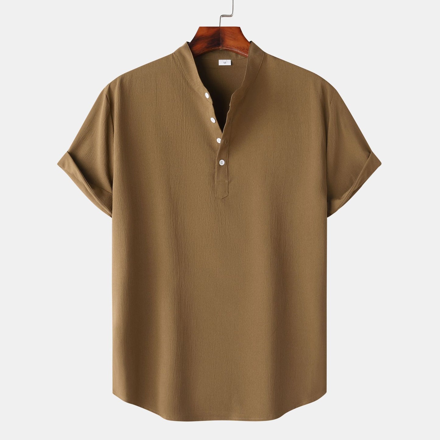 Men’s Linen Short Sleeve Shirt – Stand Collar Solid Color Pullover