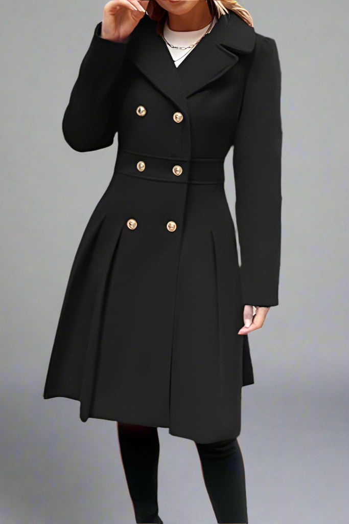 Women’s Double-Breasted A-Line Pea Coat with Lapel and Pockets