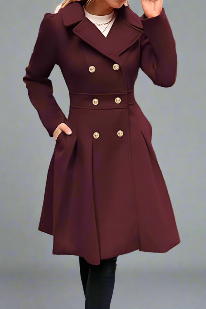 Women’s Double-Breasted A-Line Pea Coat with Lapel and Pockets
