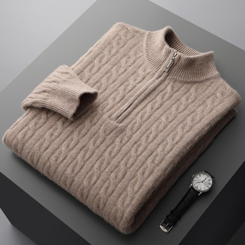 Men’s Pure Wool Half-High Collar Sweater – Thickened Loose-Fit Pullover