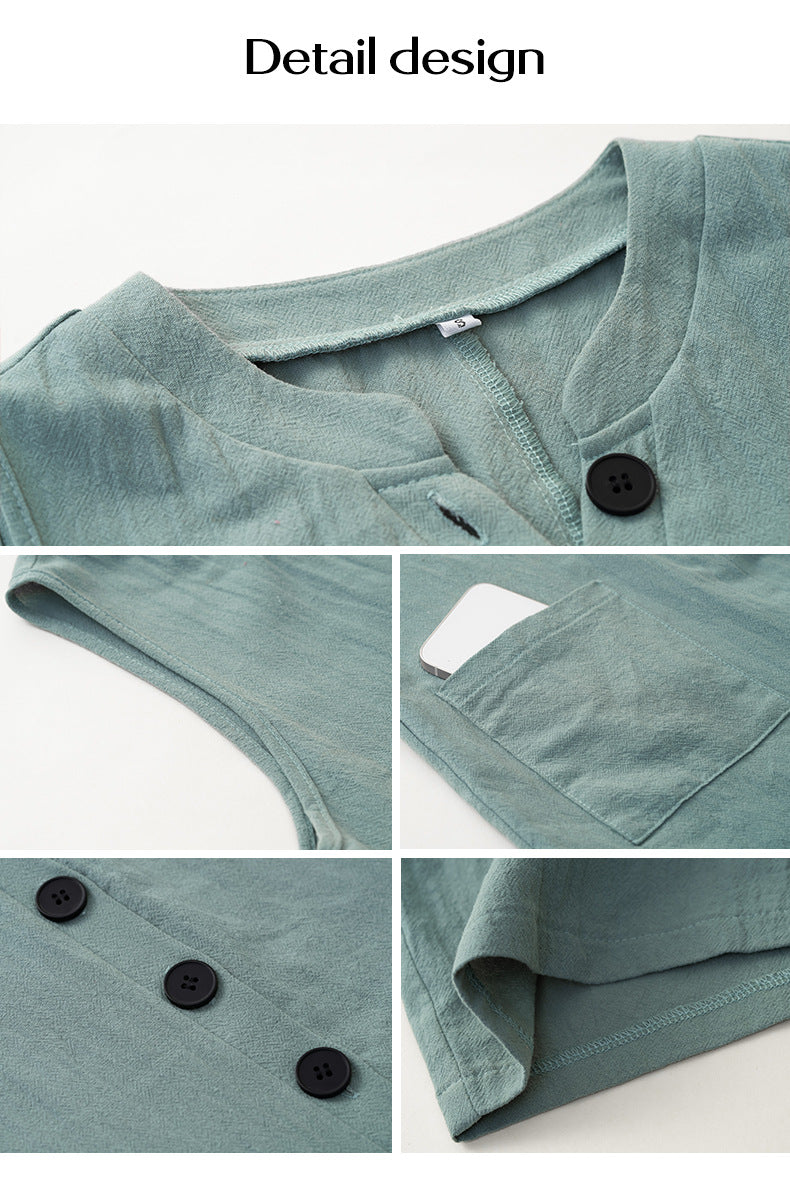 Women’s Sleeveless Cotton-Linen Jumpsuit with Buttons – Casual Wide-Leg One-Piece