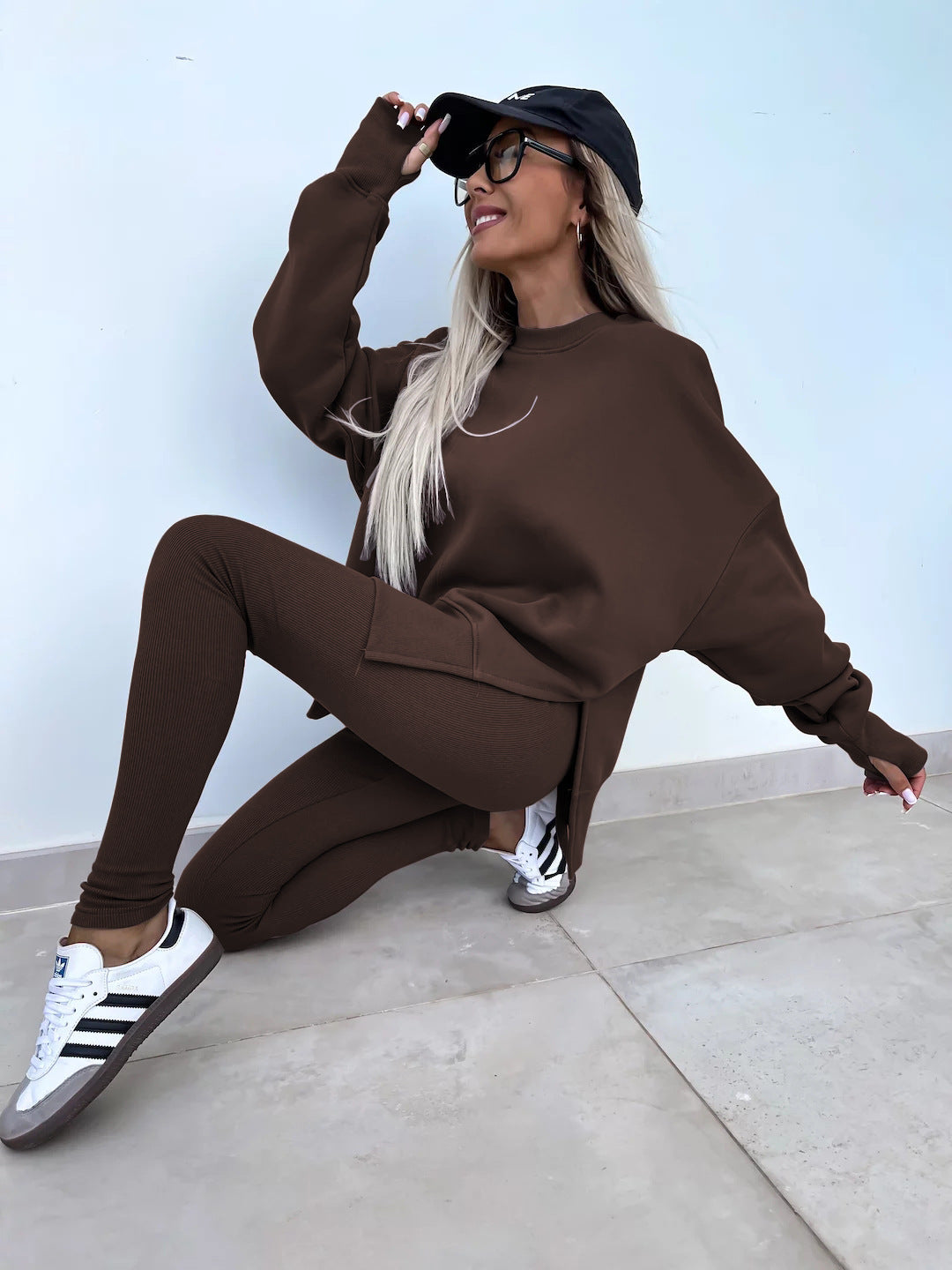 Two-Piece Lounge Set – Crew Neck Split Sweatshirt & Slim Fit Trousers