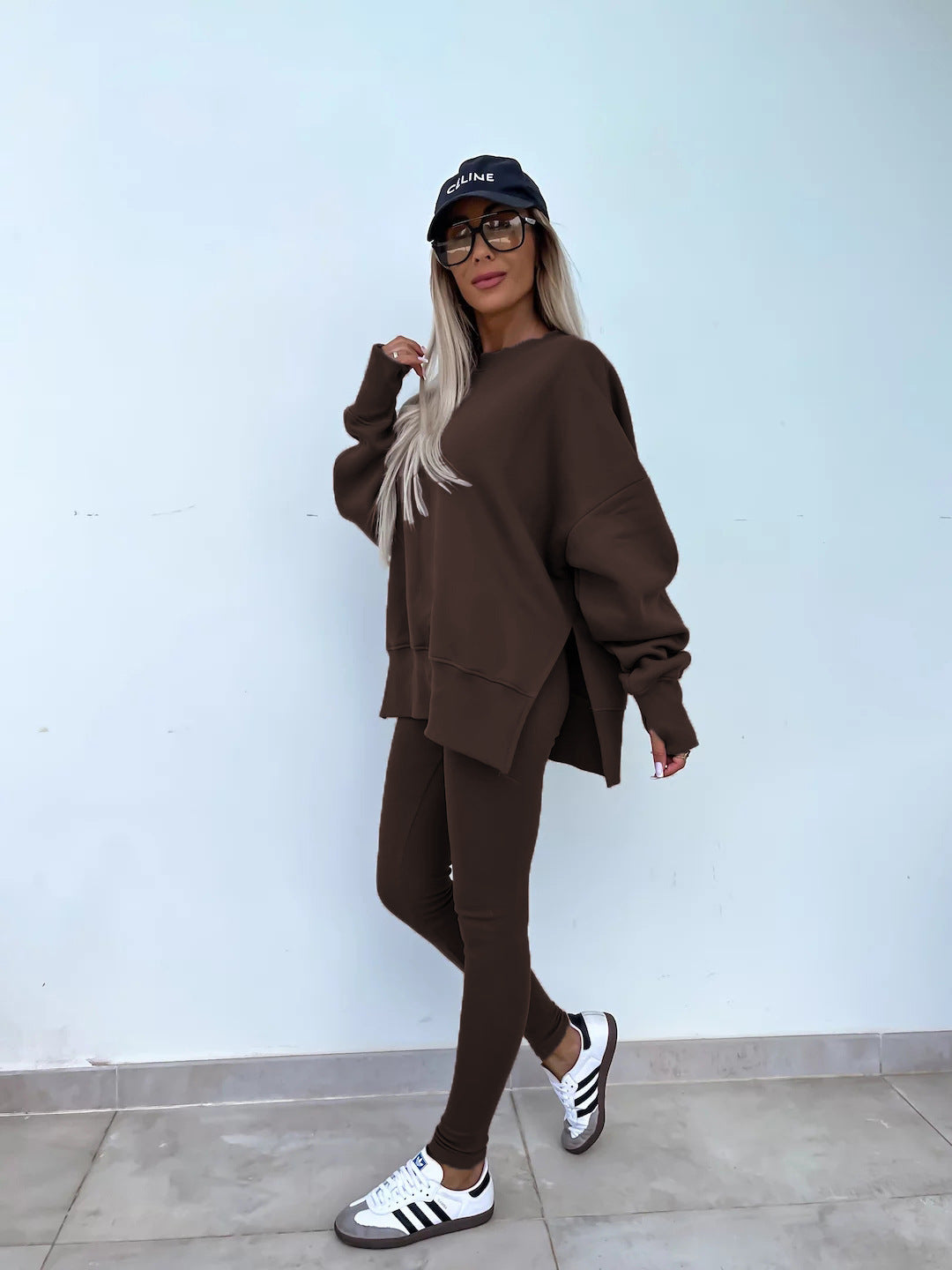 Two-Piece Lounge Set – Crew Neck Split Sweatshirt & Slim Fit Trousers