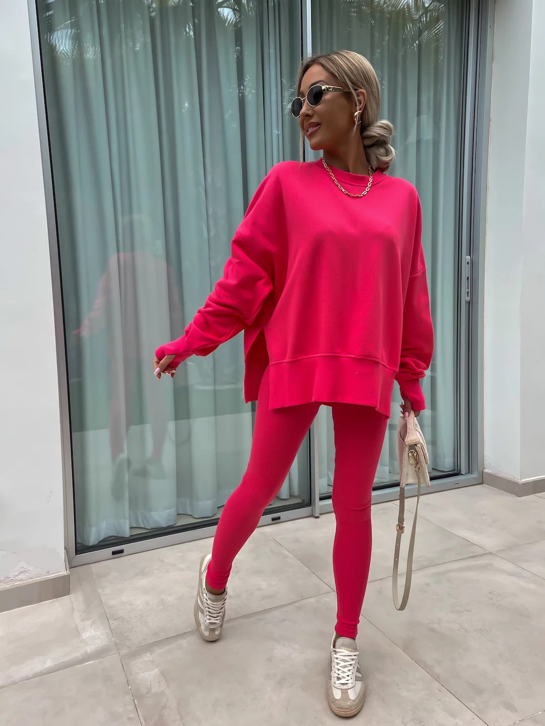 Two-Piece Lounge Set – Crew Neck Split Sweatshirt & Slim Fit Trousers