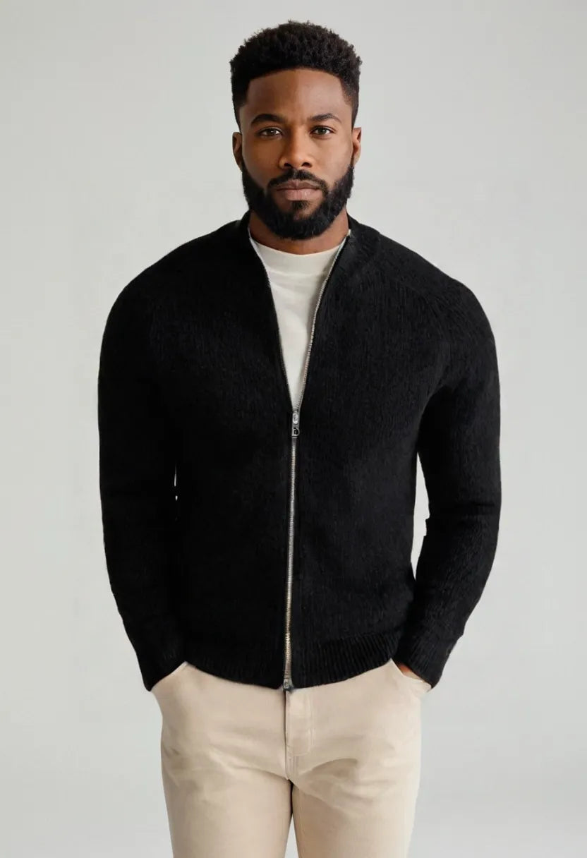 Men’s Long Zipper Knitted Cardigan – Slim Fit Casual Fall/Winter Outerwear